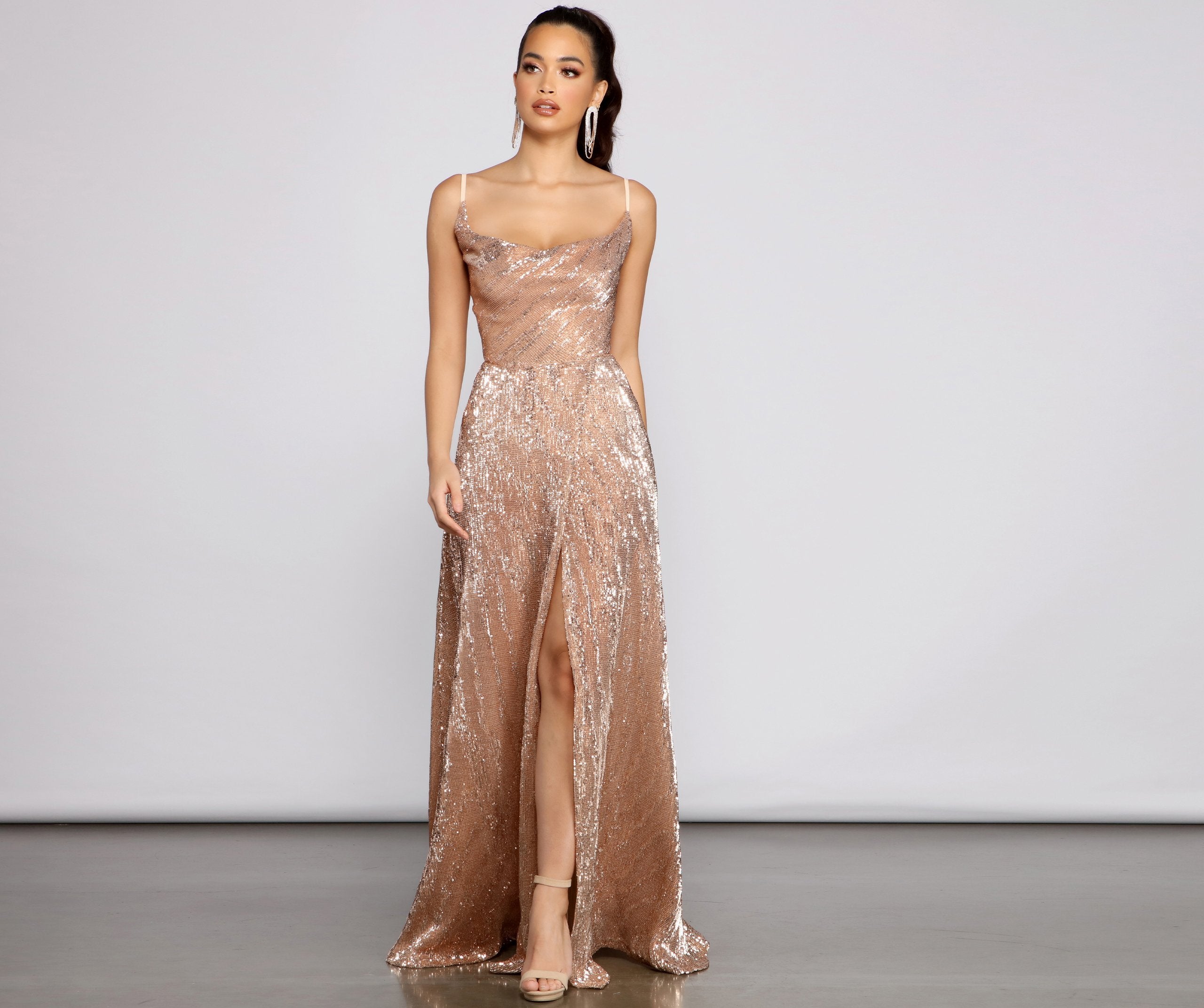 Delilaah Mini Dress - Strappy V Neck Slip Sequin Dress in Gold