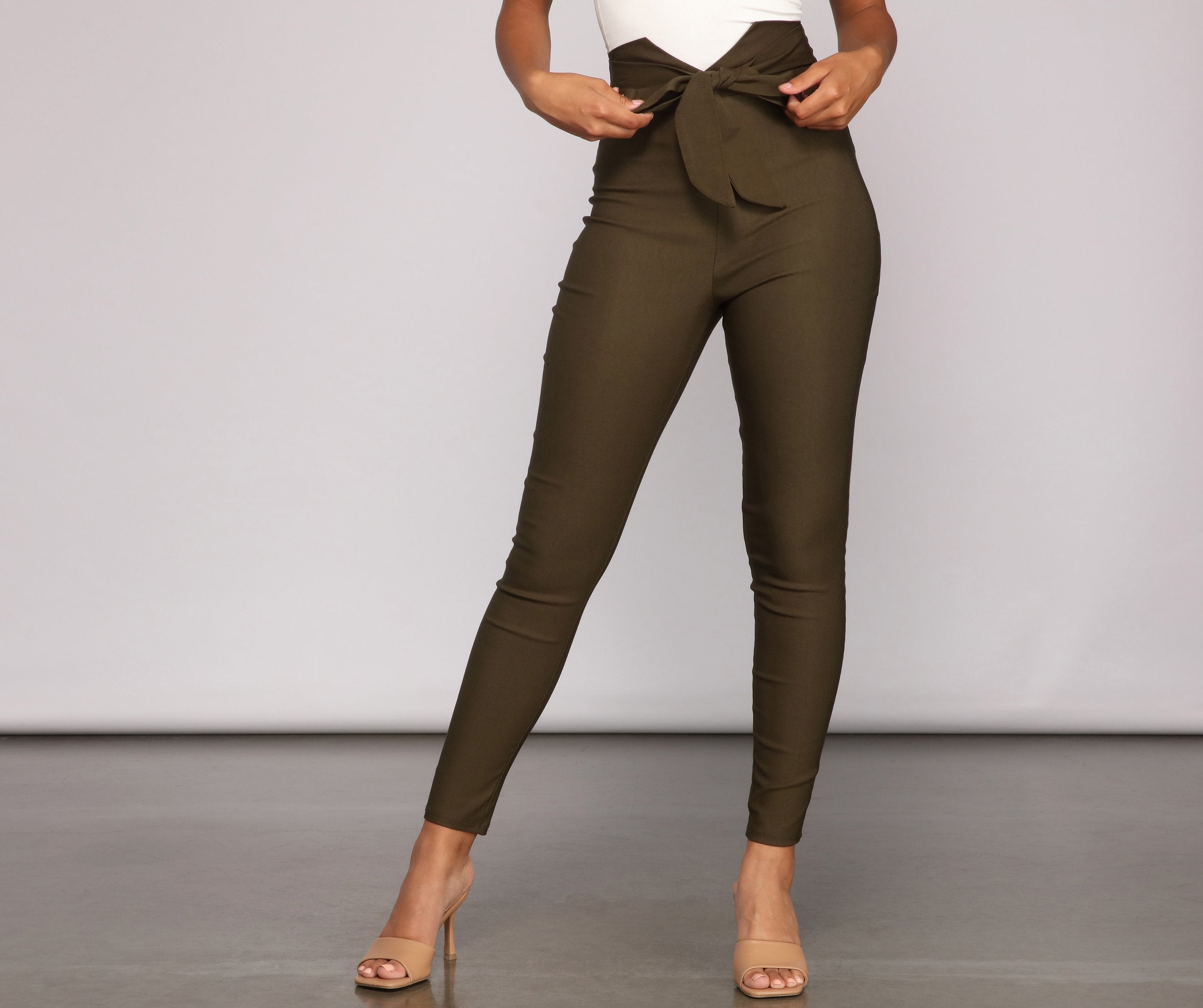 Tie Waist Paperbag Cotton Pants - OLIVE - FABA Collection