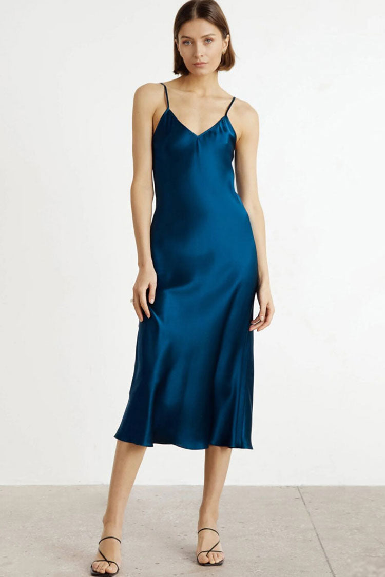 French Chic V Neck Spaghetti Strap Satin Slip Midi Dress - Navy Blue – Lady  Occasions