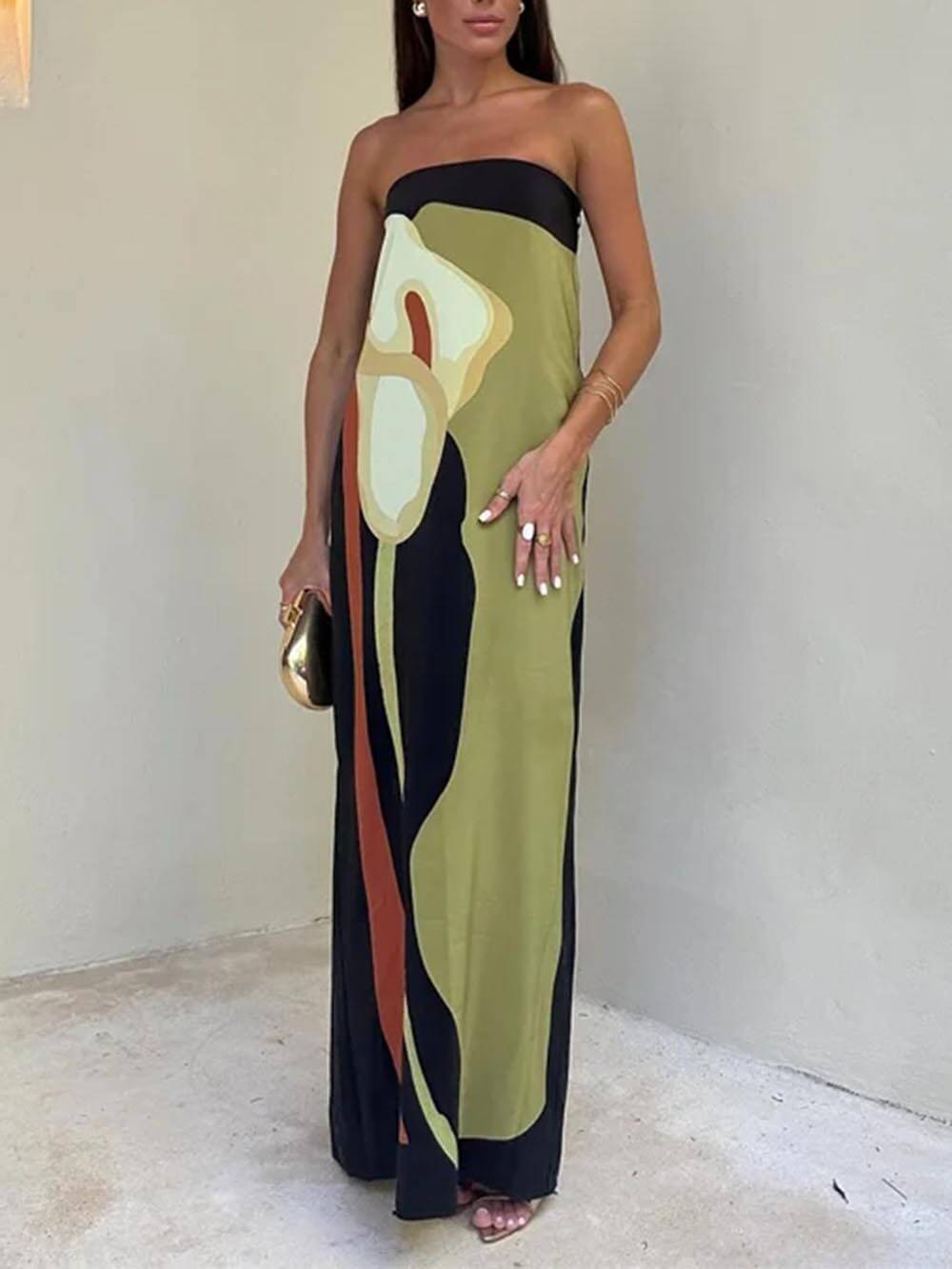 Contrast Sleeveless Off Shoulder Printed Maxi Dress