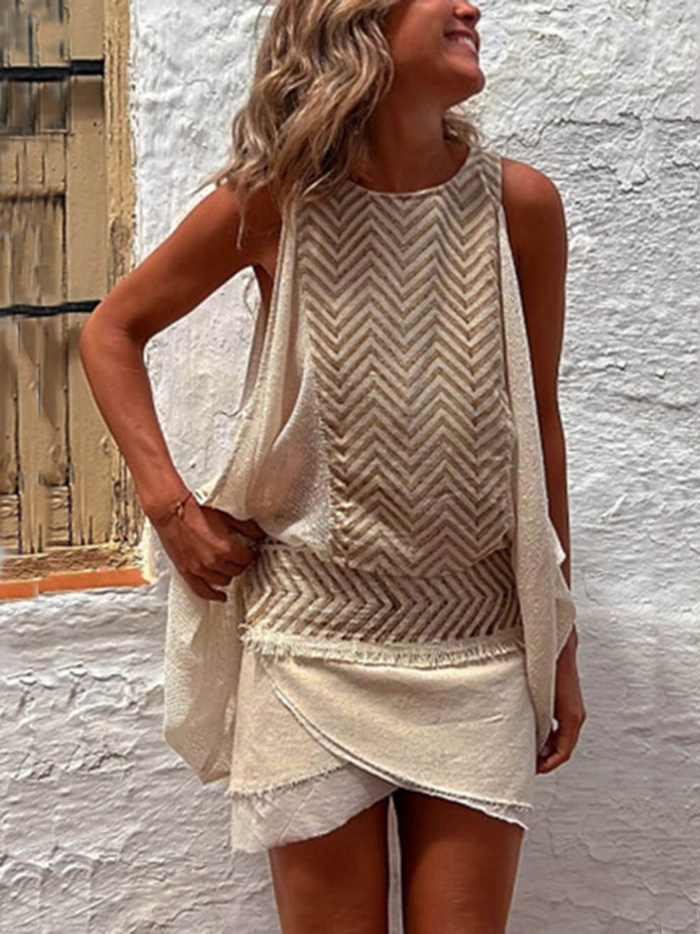 Ethnic Print Knit Panel Loose Tank