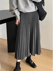 Elastic High-Waisted Pleated Midi Skirt