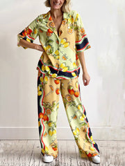 Modern Lemon Print Mid-Rise Wide Leg Pants