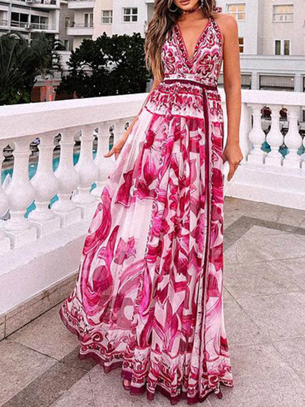 Halter Neck Backless Printed Maxi Dress