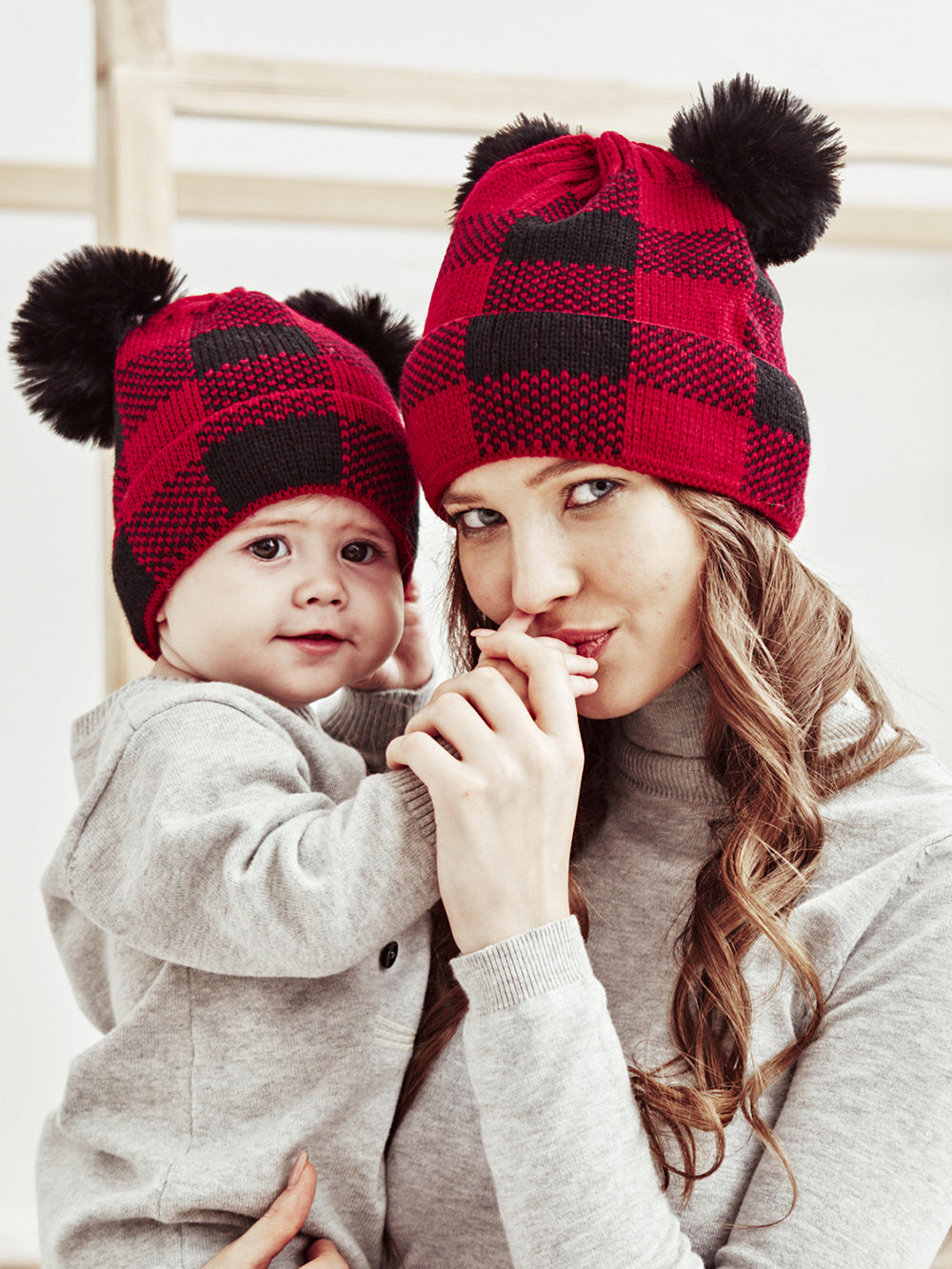 Christmas Fur Ball Mom And Baby Knitted Hat