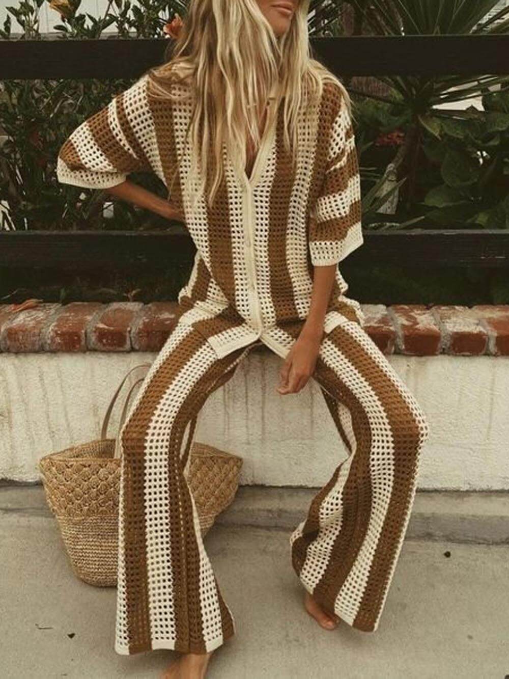 Loose V-Neck Hollow Out Striped Shirt Wide Leg Pants Set