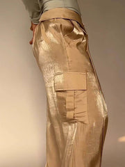 Golden Years Glitter Fabric Drawstring Waist Pocketed Wide Leg Pants