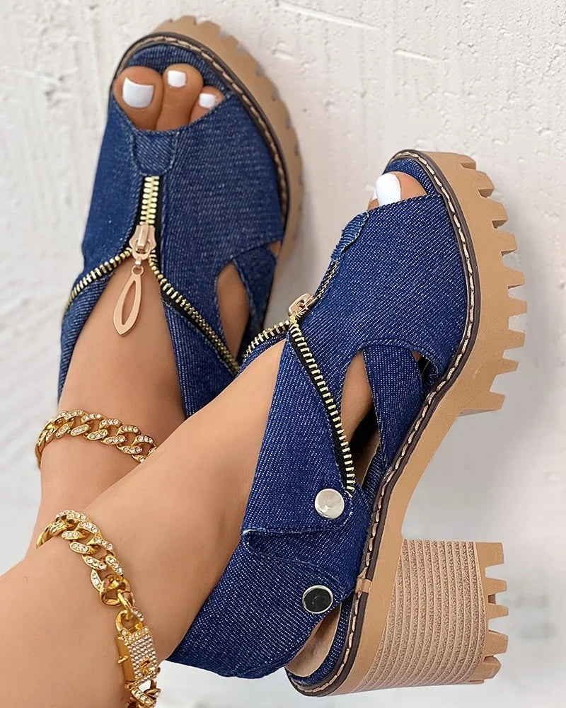 Lady Boss Peep-Toe Denim Sandals