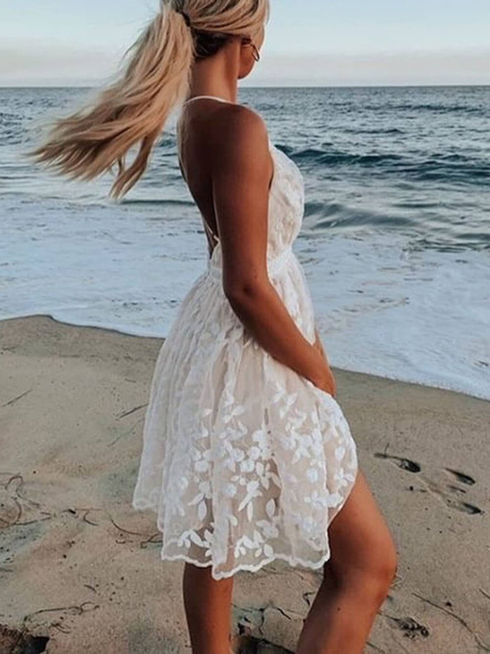 Lace V-Neck Backless Dress