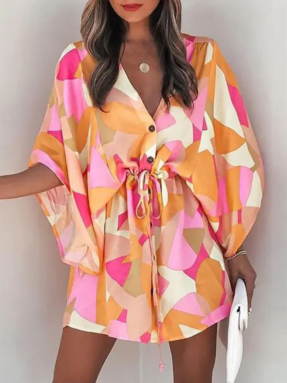 V-Neck Tie Printed Batwing Sleeve Dress