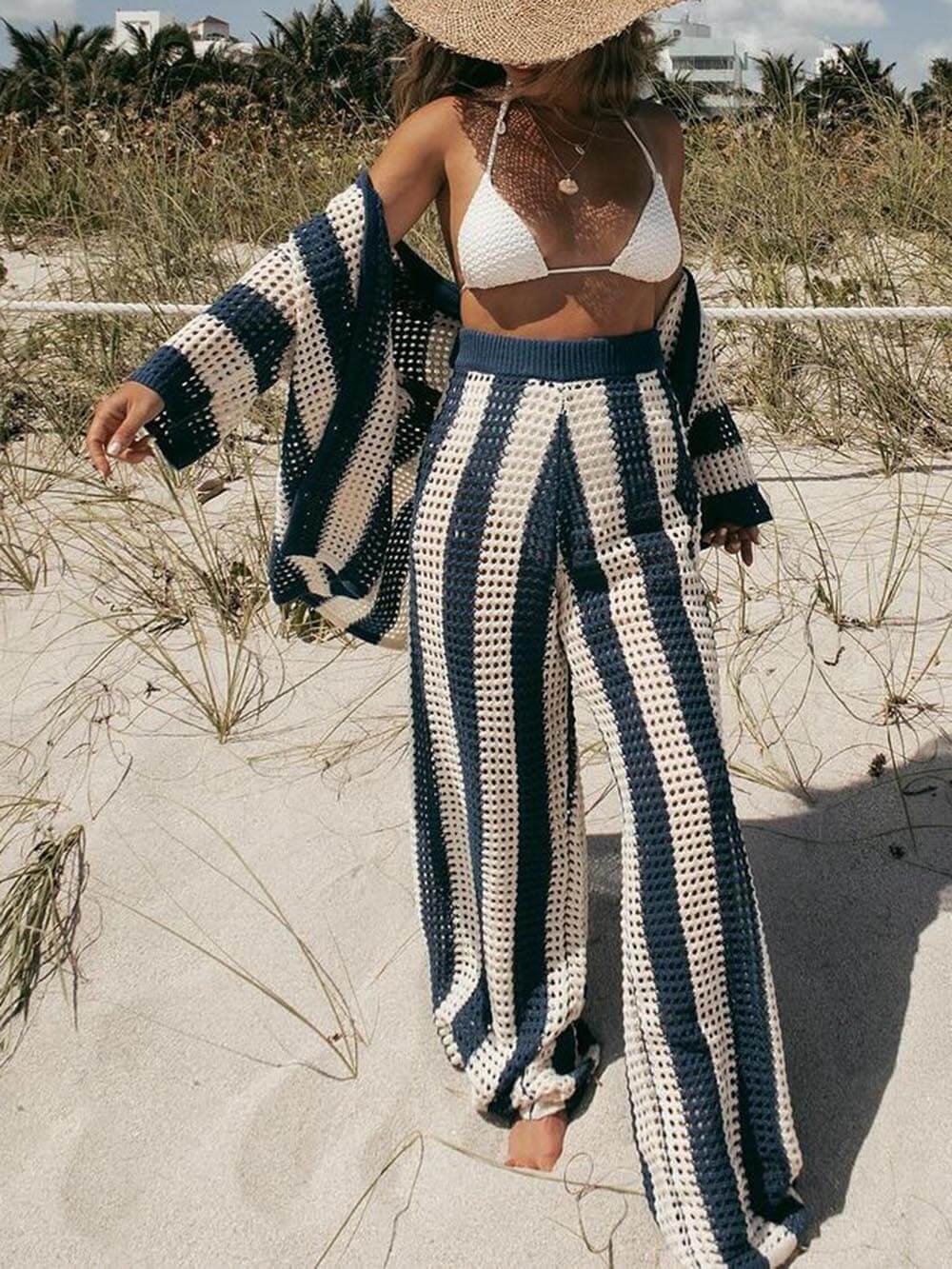 Loose V-Neck Hollow Out Striped Shirt Wide Leg Pants Set