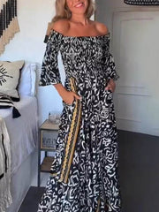 Off-The-Shoulder Smocked Stretch Black Printed Maxi Dress