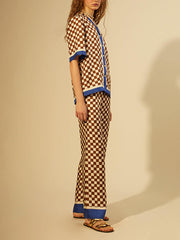 Unique Checkerboard Print Blue Stripe Splicing Loose Elastic Pants