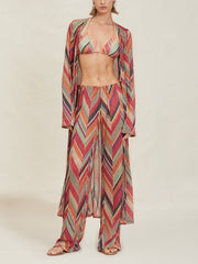 Beach Resort Geometric Print Bell Sleeve Cardigan Midi Dress