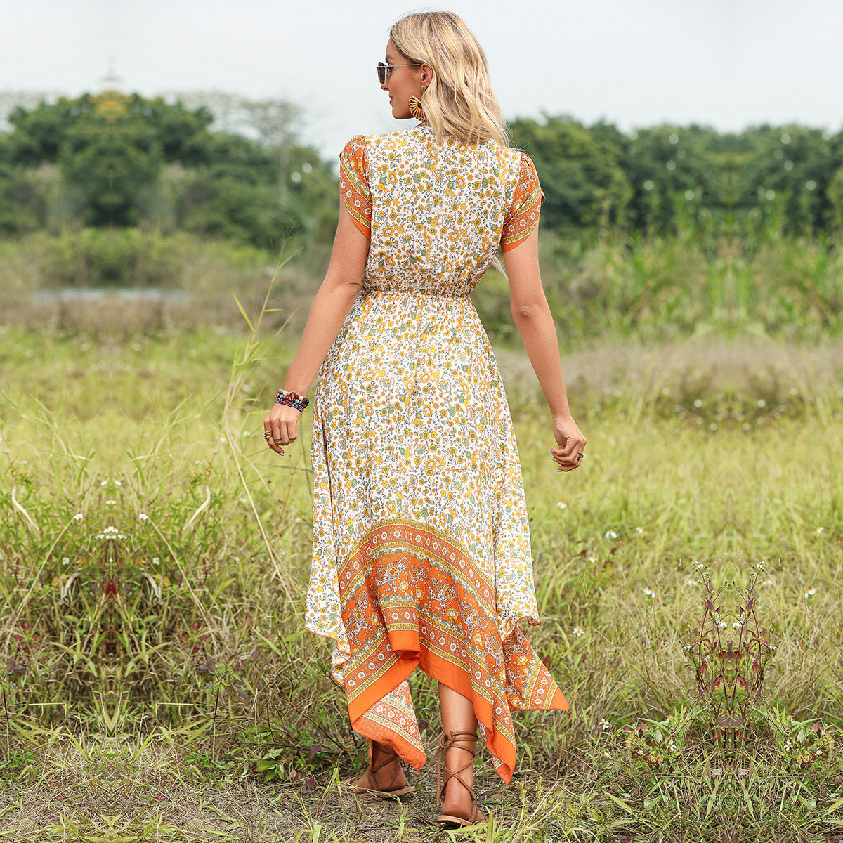 Bohemian V Neck Print Dress