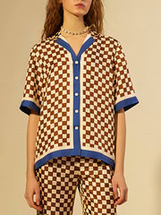 Unique Checkerboard Print Blue Stripe Patchwork Loose Top