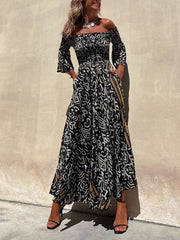 Off-The-Shoulder Smocked Stretch Black Printed Maxi Dress