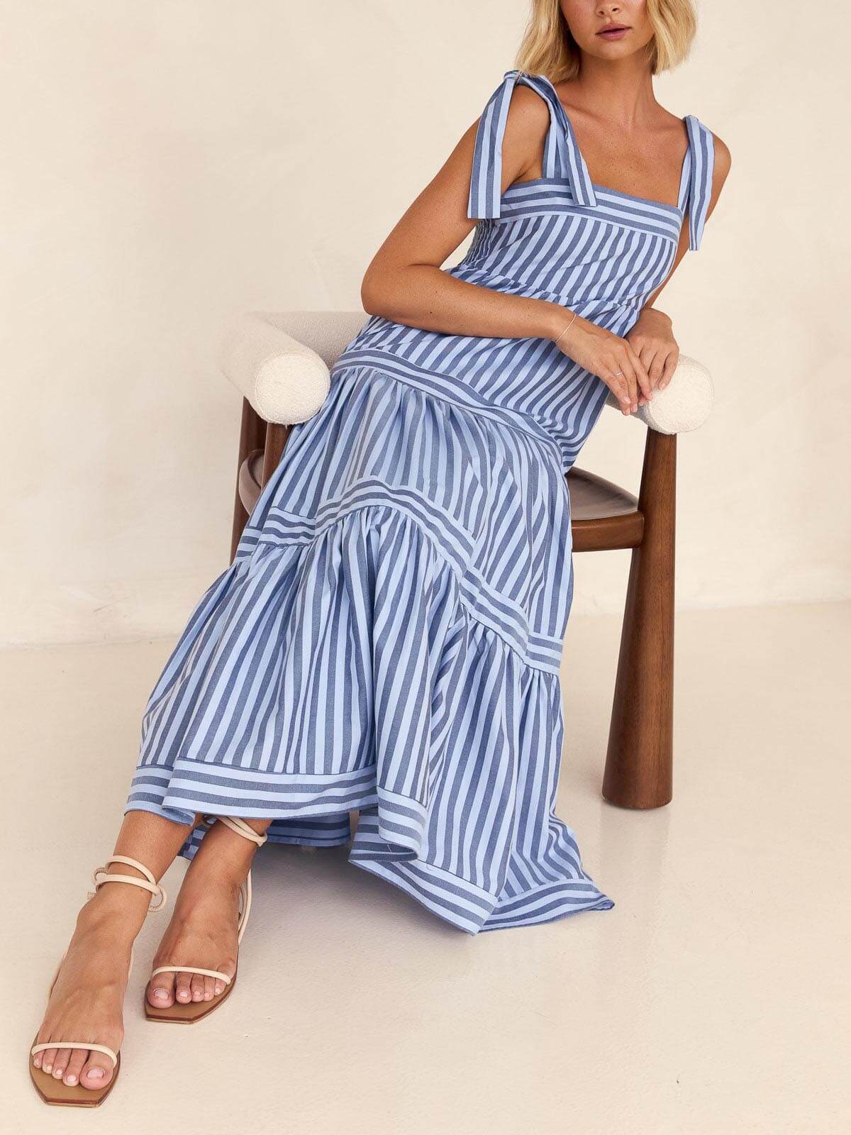 Lace-Up Striped Square-Neck Midi Dress