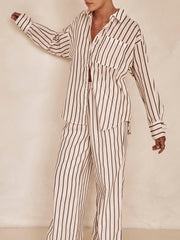 Loose Casual Striped Patchwork Shirt And Wide-Leg Pants Suit