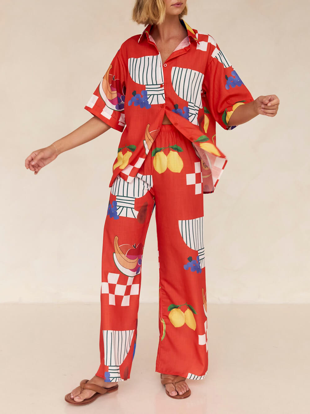 Unique Fruit Print Holiday Loose Shirt Wide Leg Pants Suit