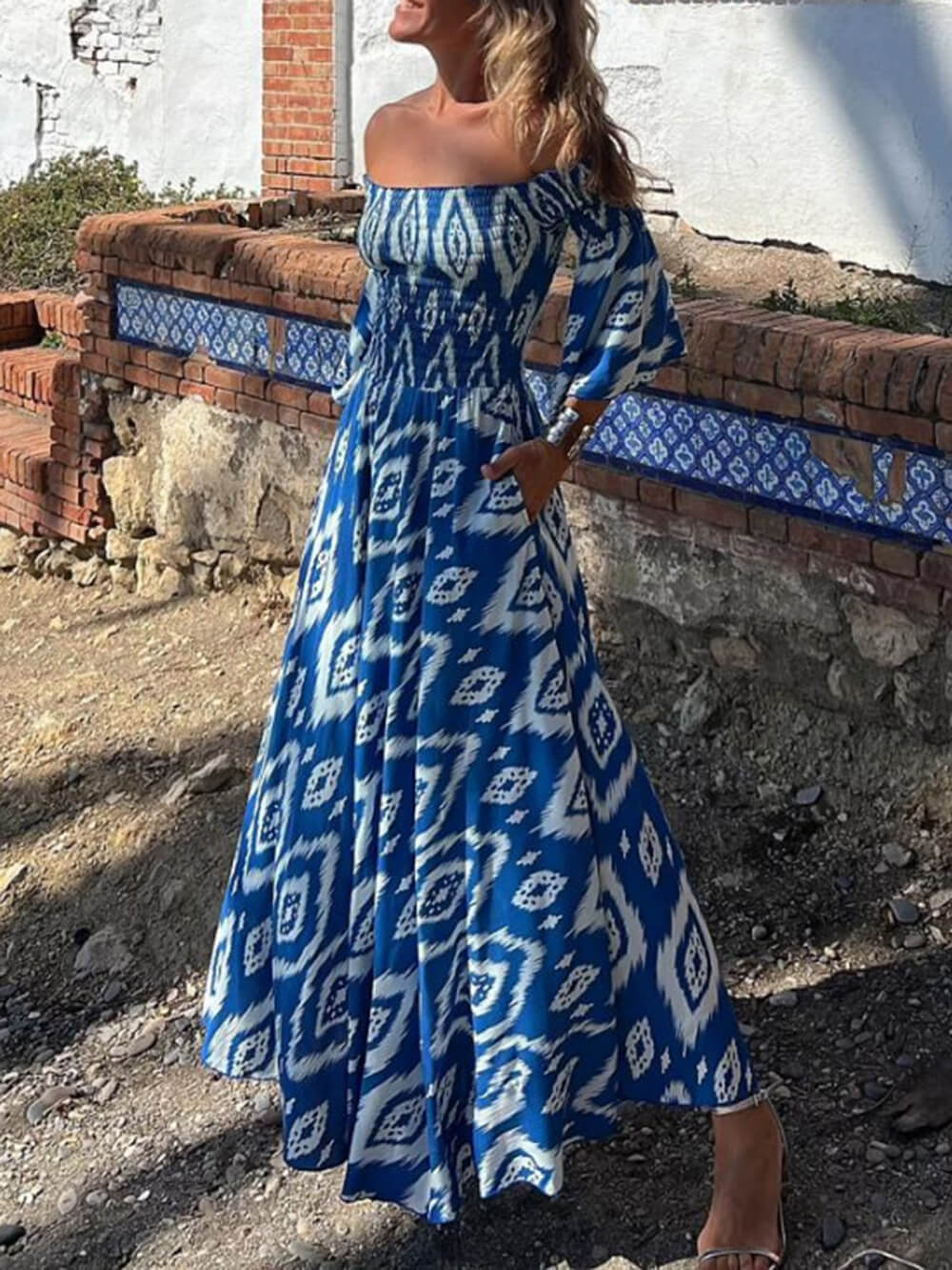 Vacation Ethnic Print Smocked Off Shoulder Pocketed Maxi Dress