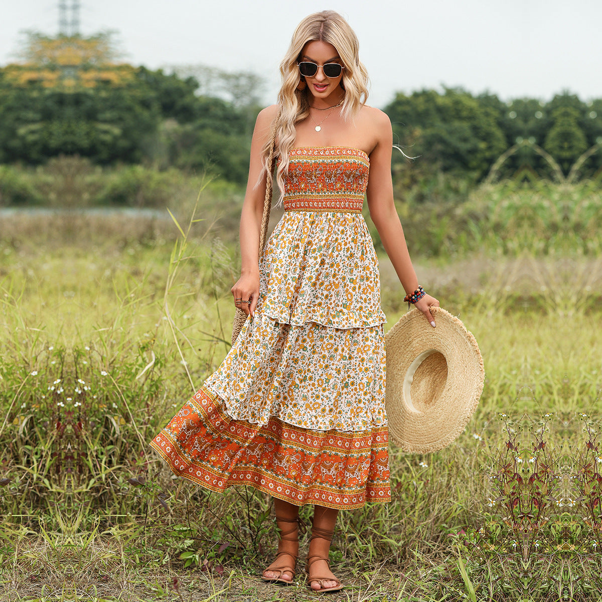 Bohemian V Neck Print Dress