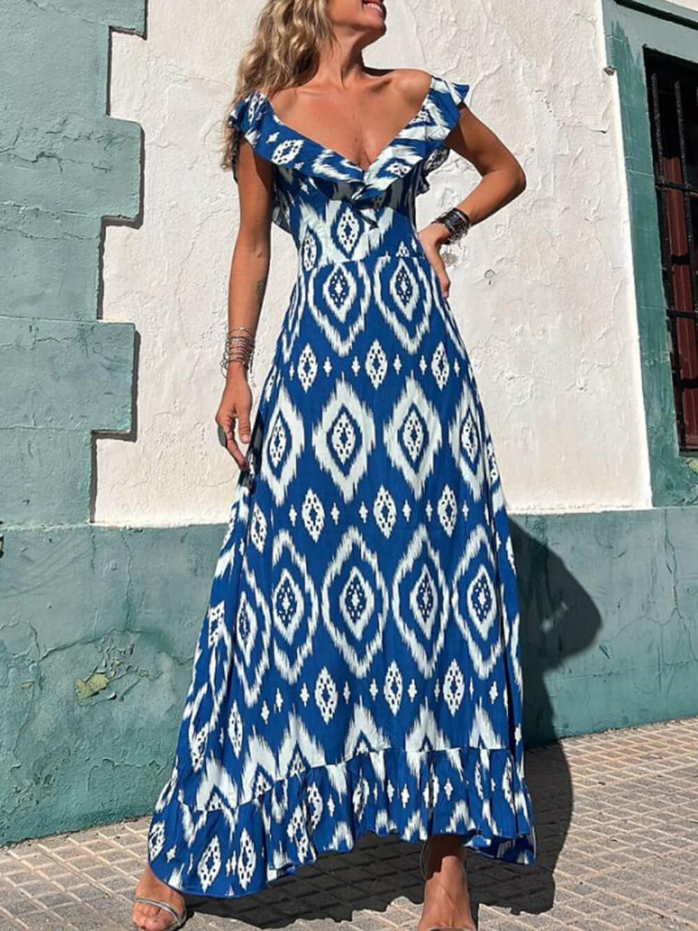 Ethnic Print Smocked Bust Ruffle Neck Maxi Dress