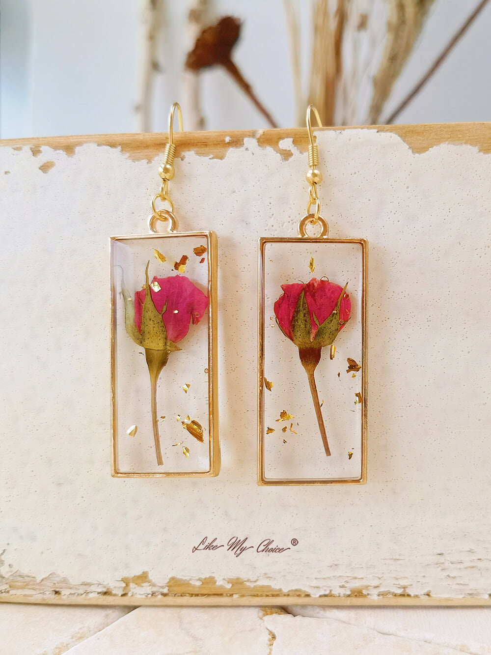 Boucles d'oreilles bouton de rose et paillettes