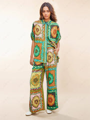 Unique Sunflower Print Wide Leg Pants