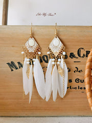 Boho Rhombus Beaded Feather Tassel Long Dangle Earrings