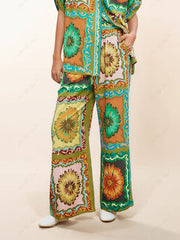 Unique Sunflower Print Wide Leg Pants