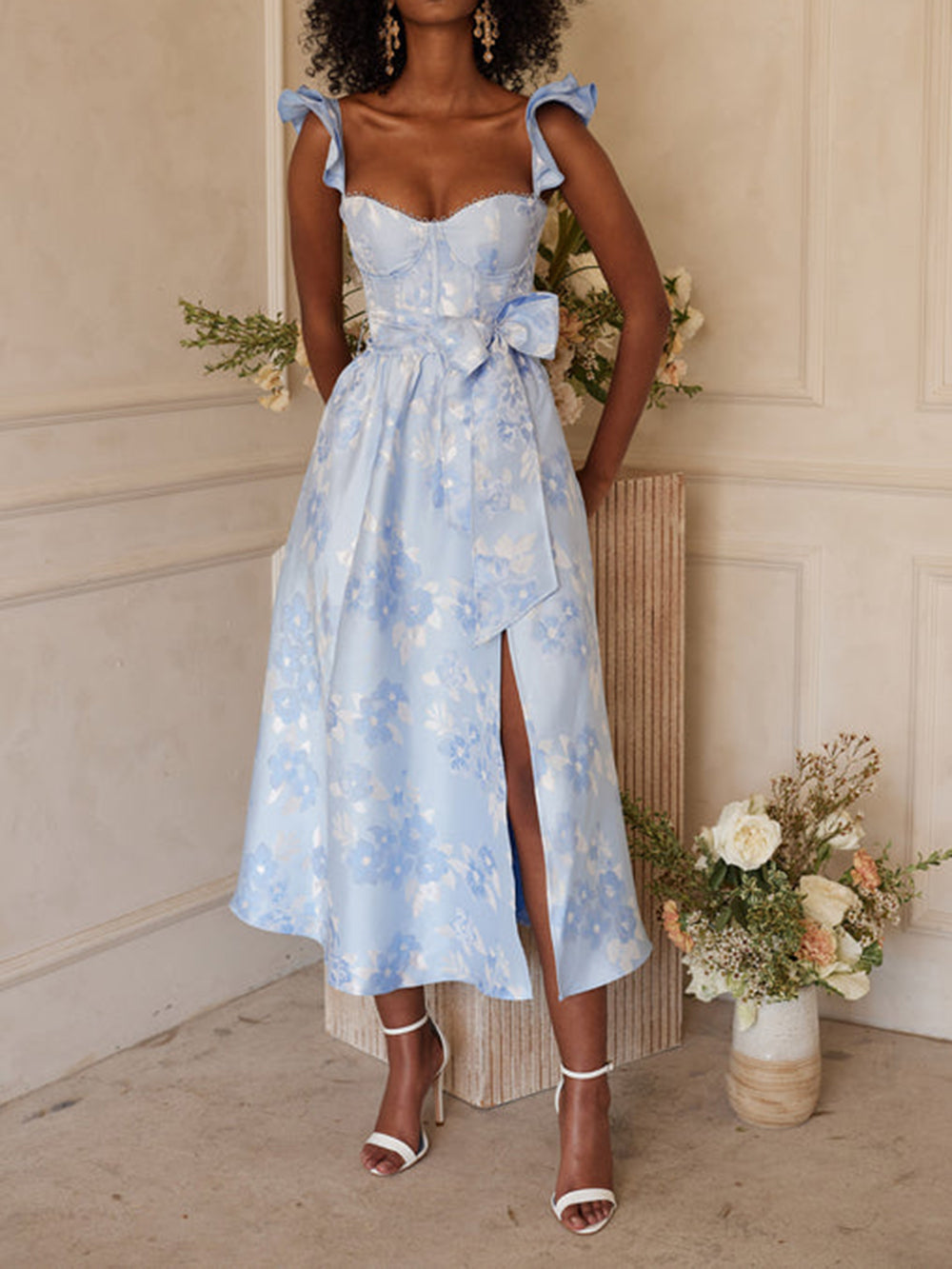 Butterfly Sleeve Printed Waist Tie Dress