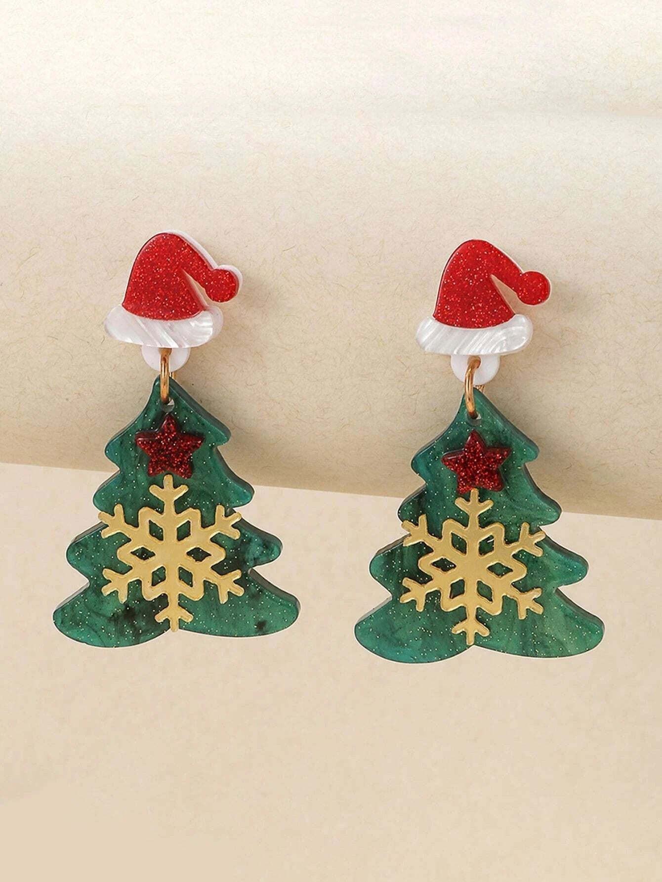 Christmas Earrings Hat & Snowflake Decor Tree