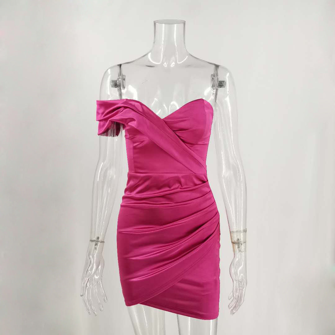Silky Satin One Shoulder Ruched Bodycon Party Mini Dress - Rose