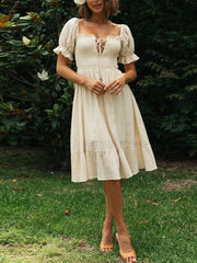 Elegant Solid Color Pastoral Midi Dress