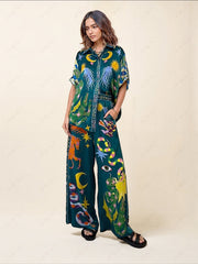 Unique Print Elastic Waist Pocketed Wide Leg Pants Set