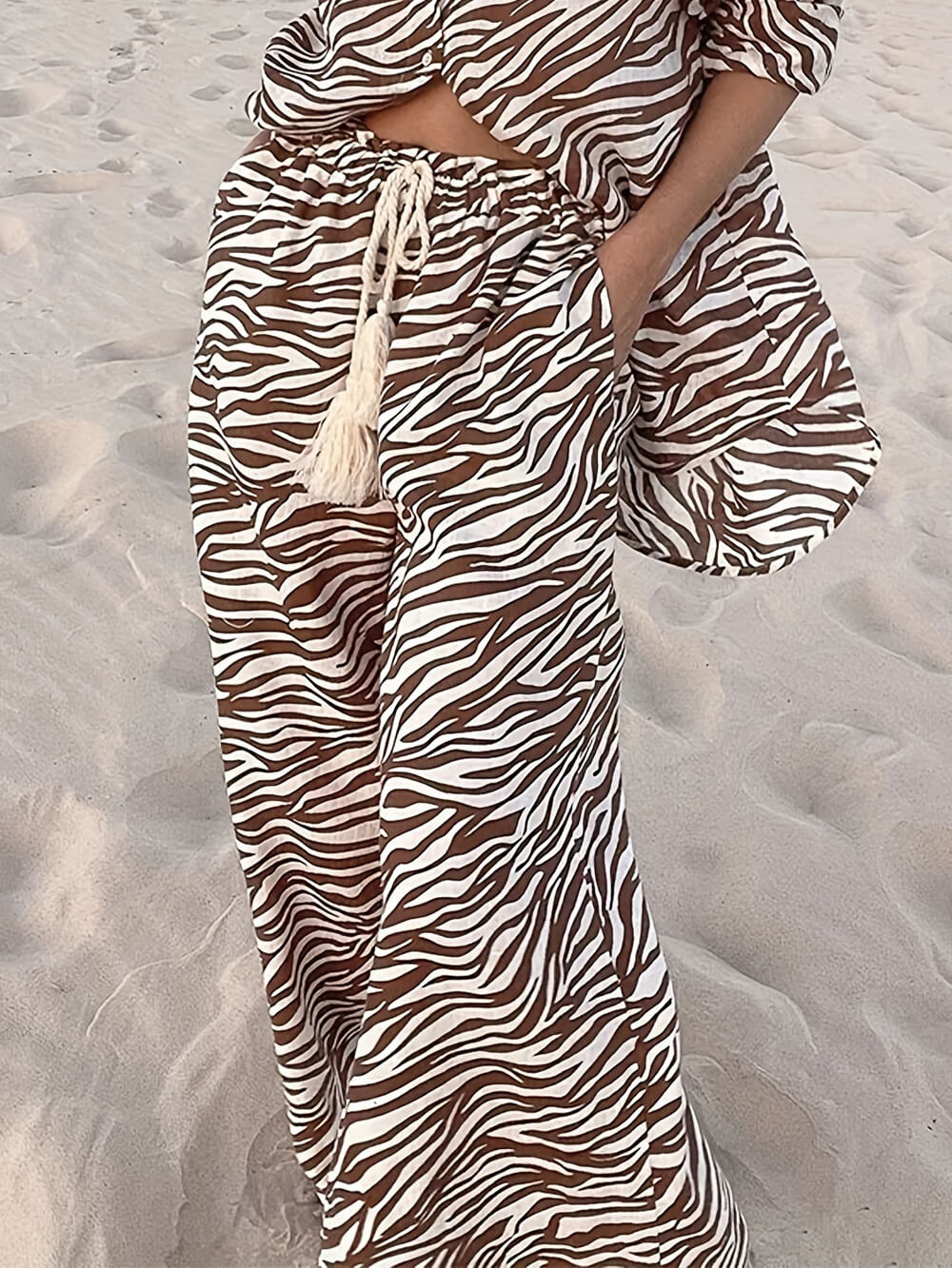 Button Open Collar Loose Zebra Print Drawstring Wide Leg Pants