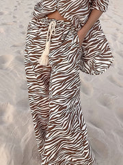 Button Open Collar Loose Zebra Print Drawstring Wide Leg Pants