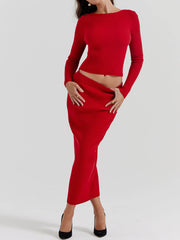 Red Knit-Blend Maxi Skirt