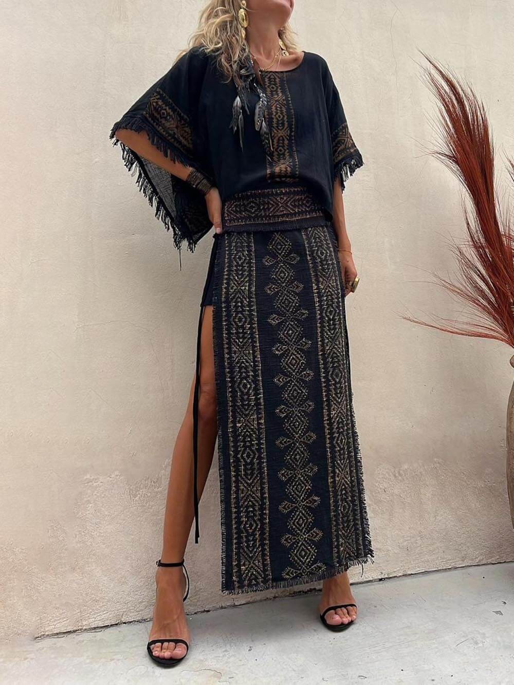 Ethnic Print Patchwork Side Lace-Up Maxi Skirt