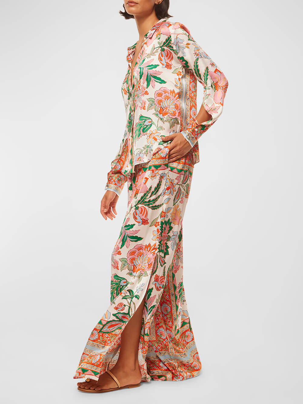 Unique Flower Print Slit Cuffs Wide Leg Pants