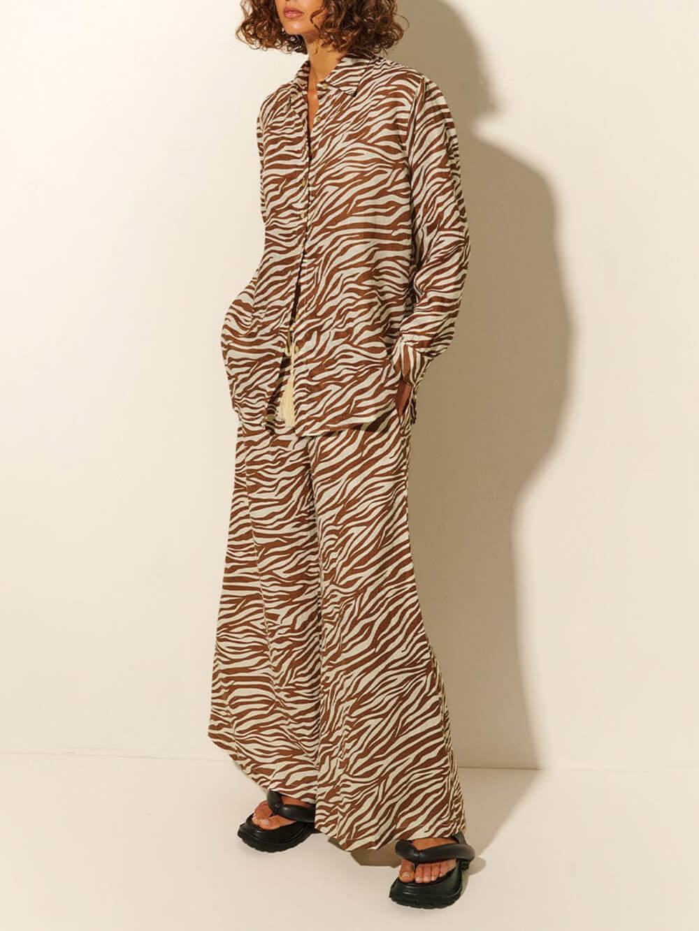 Button Open Collar Loose Zebra Print Drawstring Wide Leg Pants