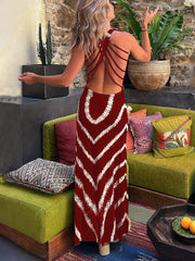 Wave Print Tie Back Stretch Maxi Dress