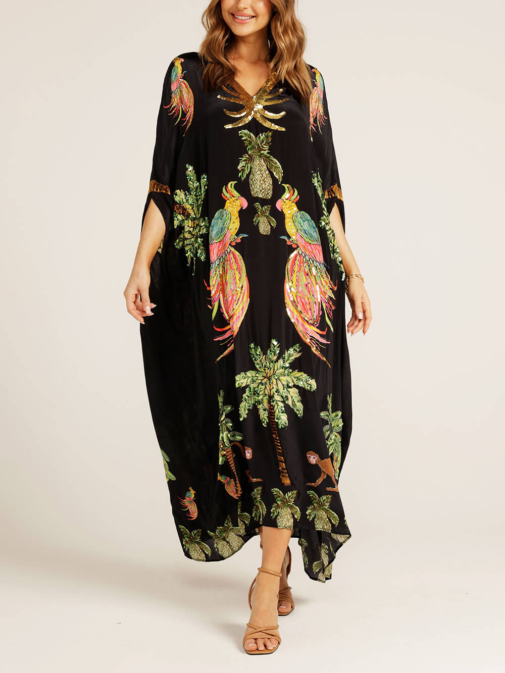 Unique Drop Shoulder Sleeve Coconut Tree Printed Dress