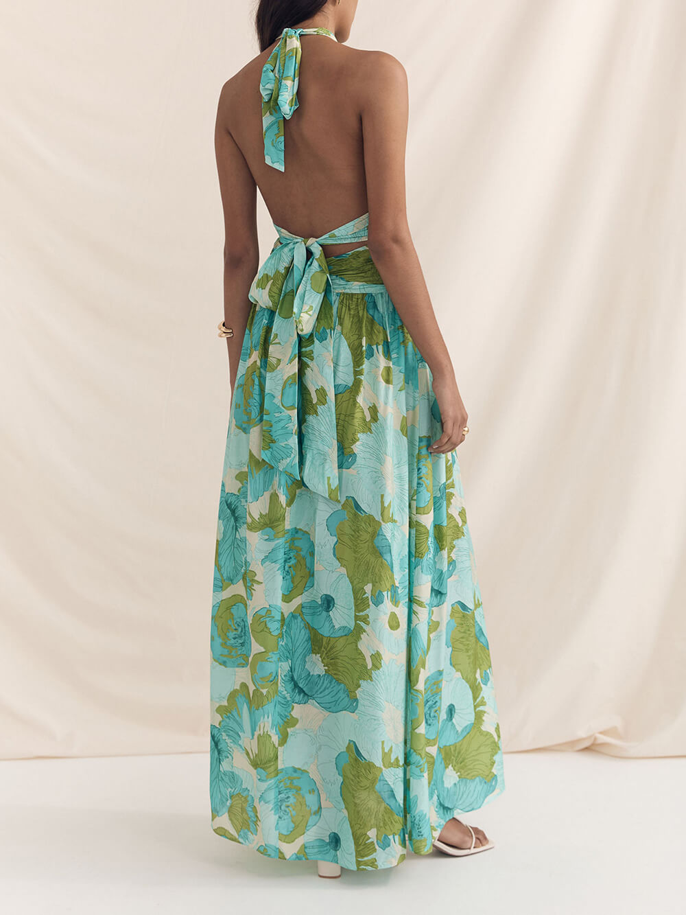 Elegant Versatile Halter Neck Printed Pleated Maxi Dress