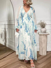 Ocean Flower Chiffon Floral Drawstring Waist Maxi Dress