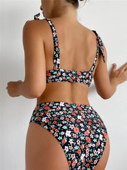 Sexy printed strap buttoned floral bikini set