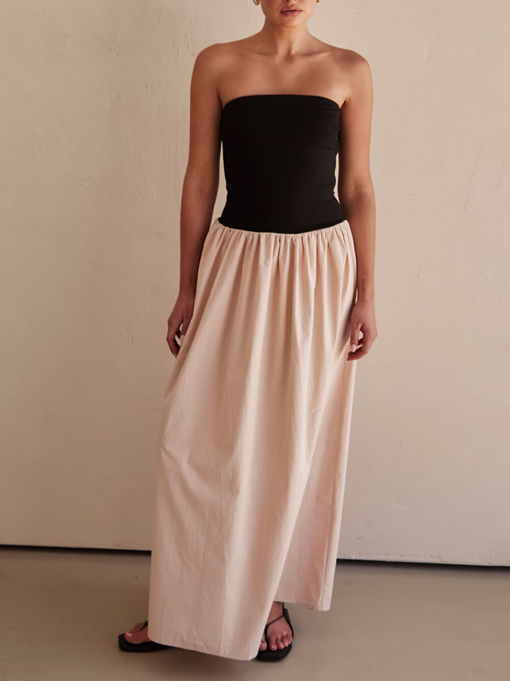 Strapless Black And Sand Paneled Maxi Dress