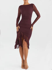 Wine Ruffle Midi Dress