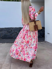 Charming Printed Shirt Buttons Plain Gold Floral Maxi Dress